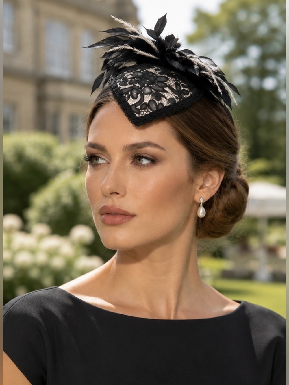 Chic Black and White Lace Feathered Headpiece Fascinator Hat Hatinator